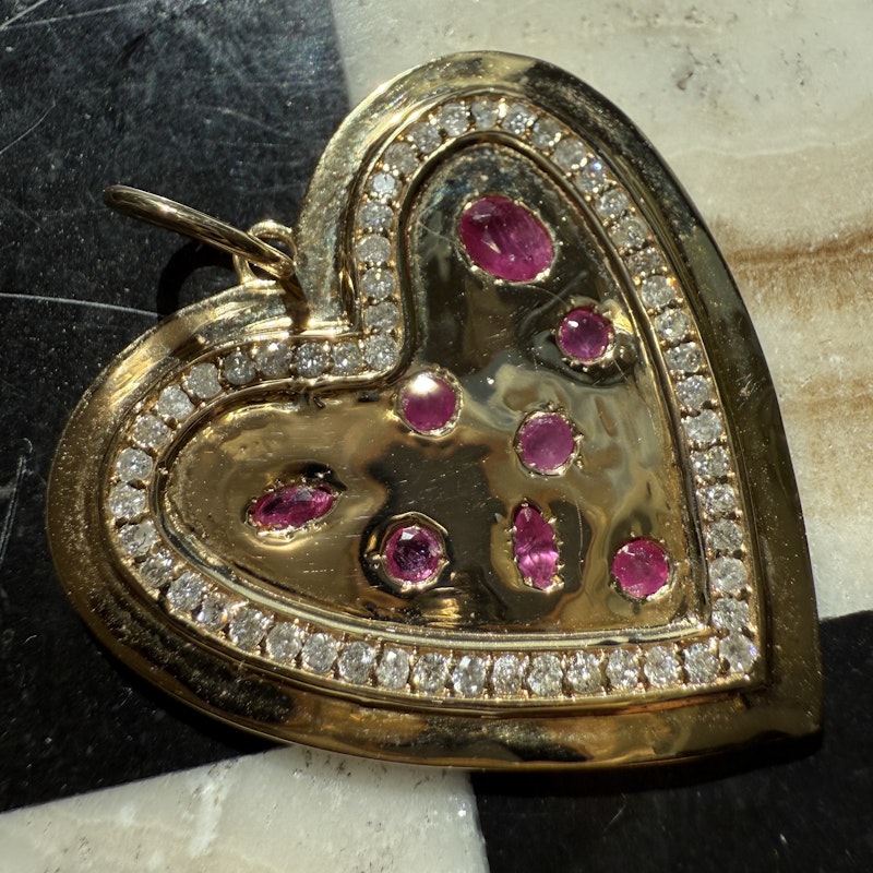 14k Yellow Gold Ruby and Diamond Heartburst Pendant
