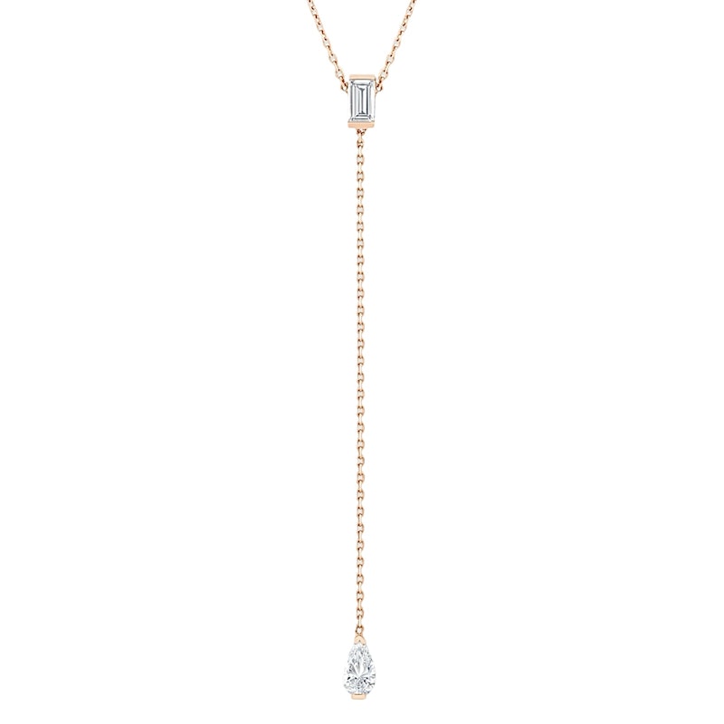 18k Rose Gold Emerald and Pear-Cut Diamond Lariat Necklace