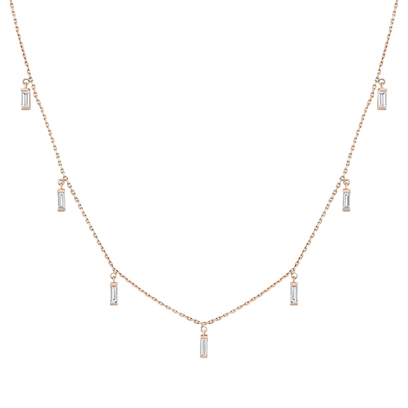 18k Rose Gold Dangling Baguette Necklace
