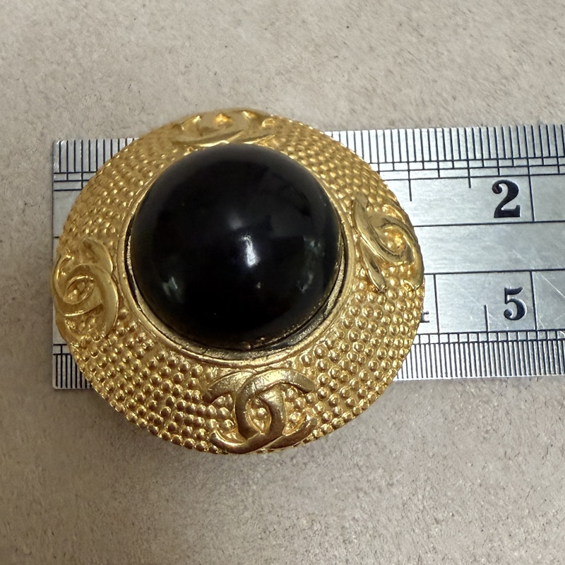 Chanel Vintage Black and Gold Round CC Clip-On Earrings
