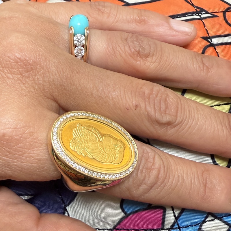 18k Yellow Gold & Diamond Swiss Coin Signet Ring