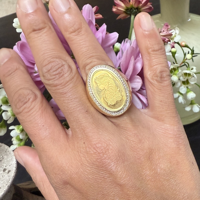 18k Yellow Gold & Diamond Swiss Coin Signet Ring