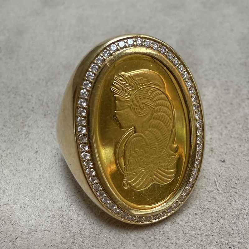 18k Yellow Gold & Diamond Swiss Coin Signet Ring