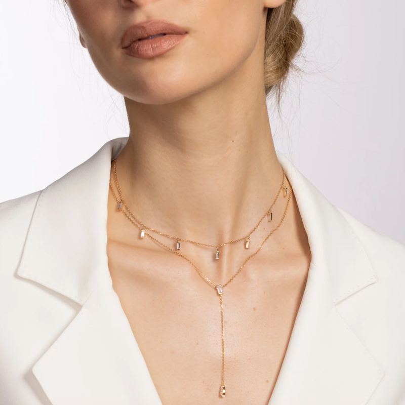 18k Rose Gold Emerald and Pear-Cut Diamond Lariat Necklace