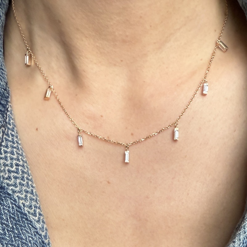 18k Rose Gold Dangling Baguette Necklace