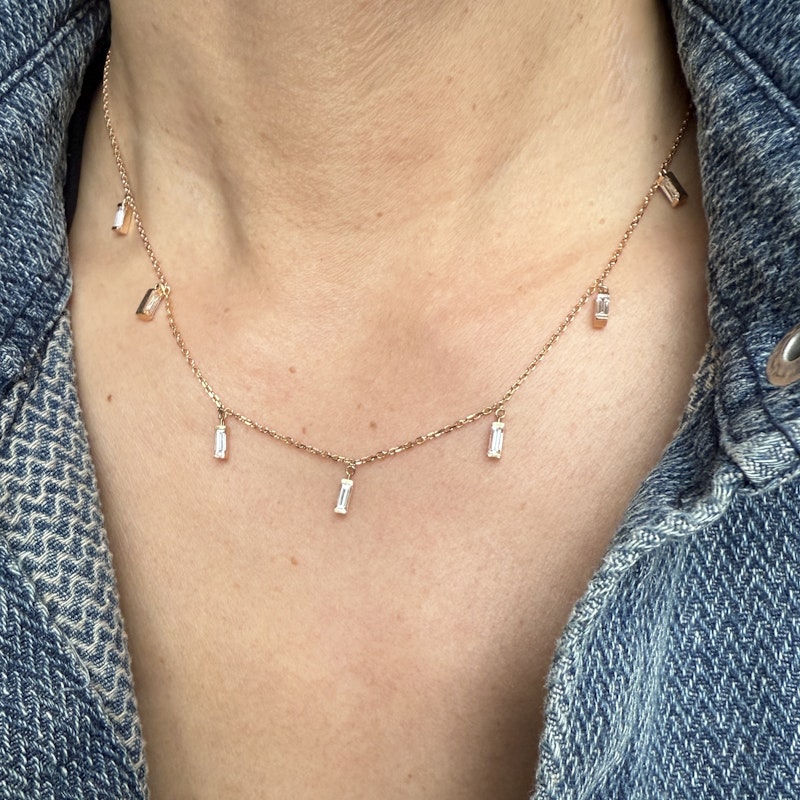 18k Rose Gold Dangling Baguette Necklace