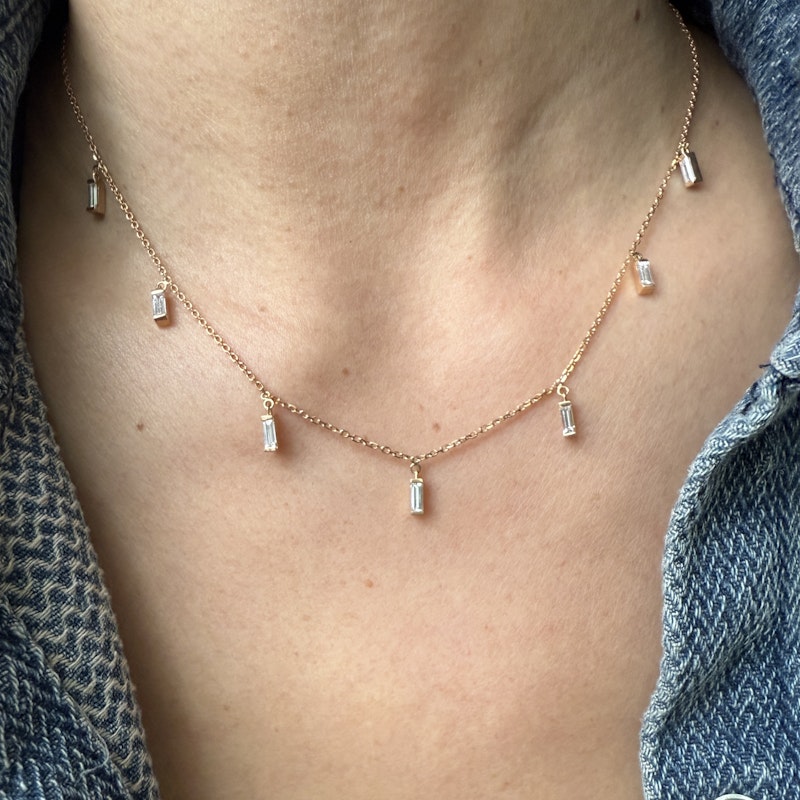 18k Rose Gold Dangling Baguette Necklace