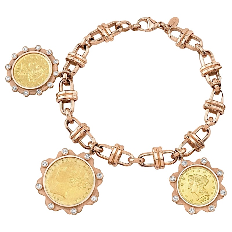 22k Gold Coin Charm Bracelet with 14k Rose Gold Mariner Chain