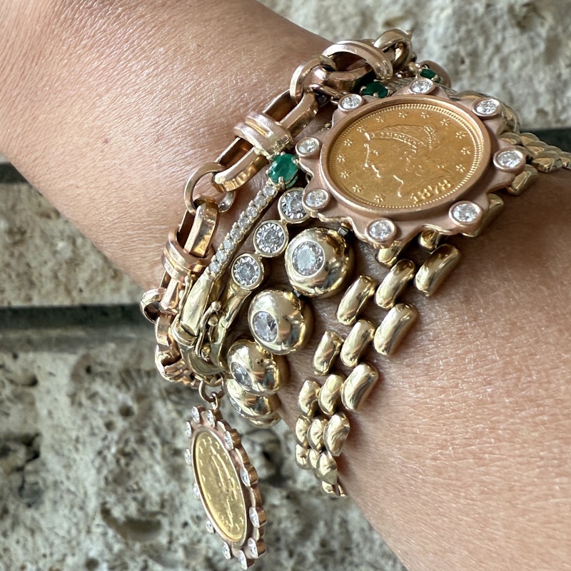 22k Gold Coin Charm Bracelet with 14k Rose Gold Mariner Chain