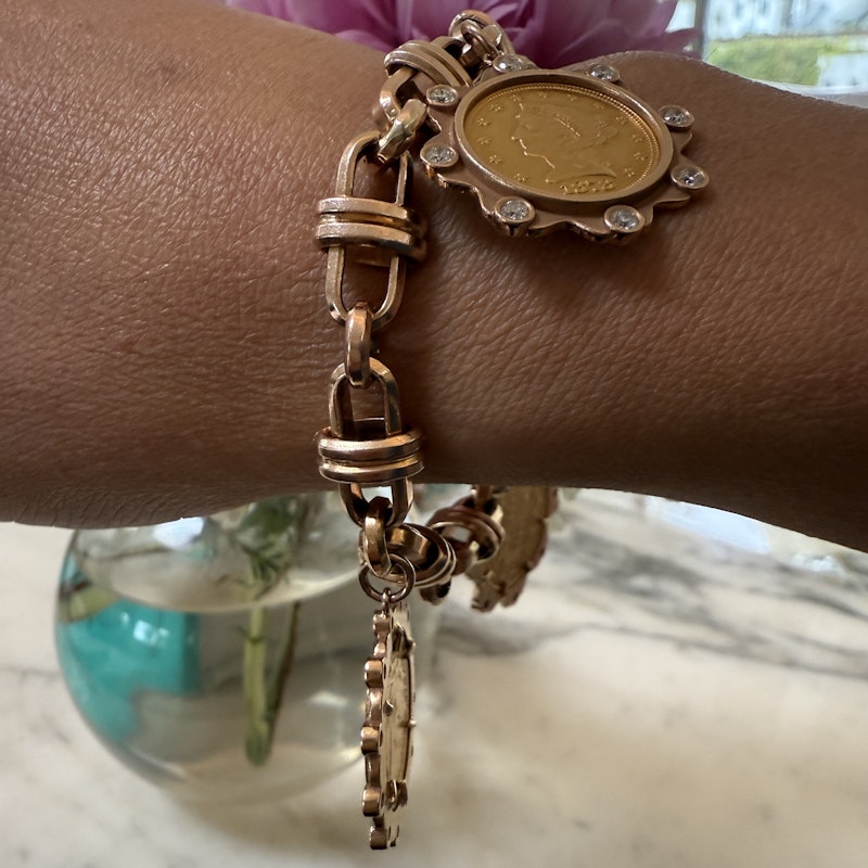 22k Gold Coin Charm Bracelet with 14k Rose Gold Mariner Chain