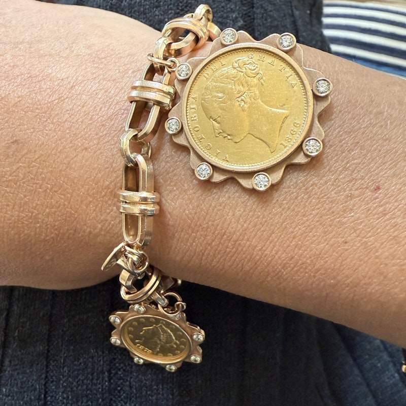 22k Gold Coin Charm Bracelet with 14k Rose Gold Mariner Chain