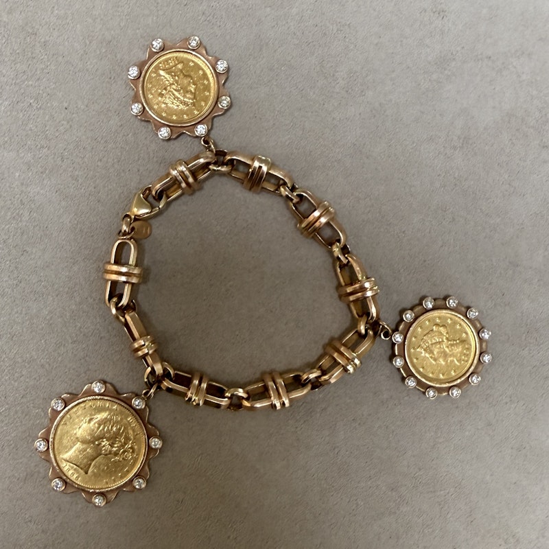 22k Gold Coin Charm Bracelet with 14k Rose Gold Mariner Chain