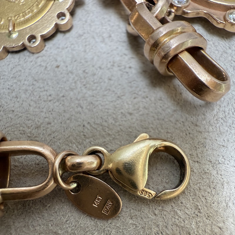 22k Gold Coin Charm Bracelet with 14k Rose Gold Mariner Chain