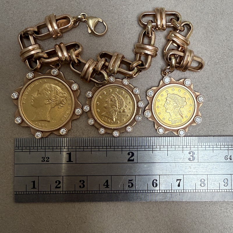 22k Gold Coin Charm Bracelet with 14k Rose Gold Mariner Chain