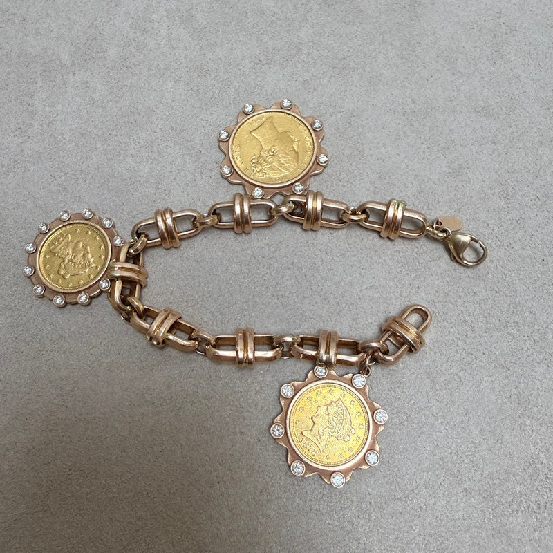 22k Gold Coin Charm Bracelet with 14k Rose Gold Mariner Chain