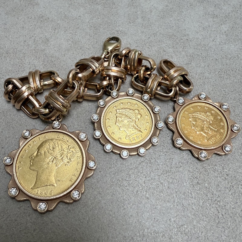 22k Gold Coin Charm Bracelet with 14k Rose Gold Mariner Chain
