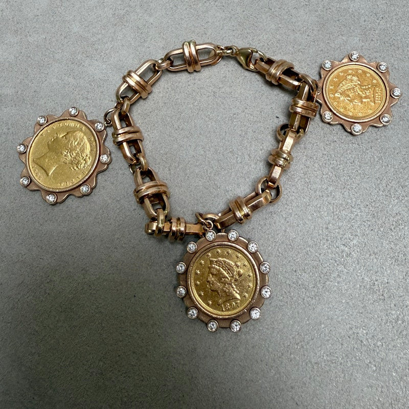 22k Gold Coin Charm Bracelet with 14k Rose Gold Mariner Chain