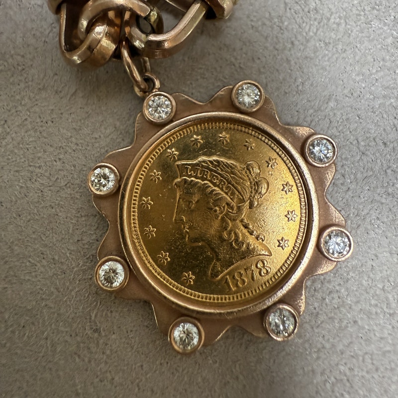 22k Gold Coin Charm Bracelet with 14k Rose Gold Mariner Chain