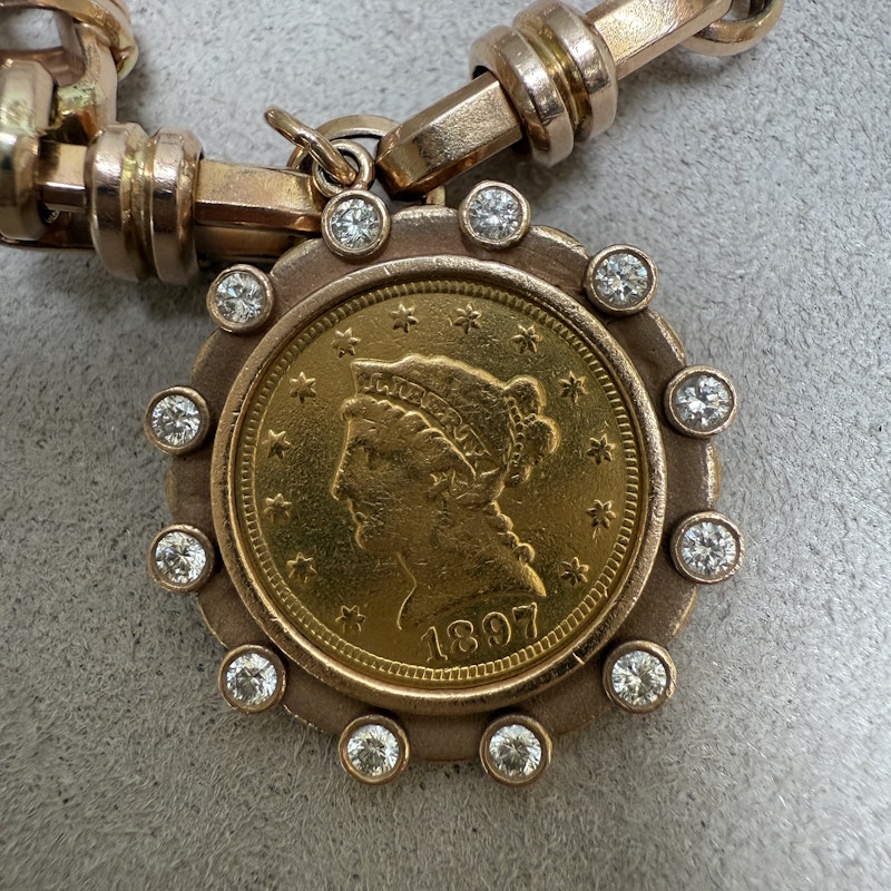 22k Gold Coin Charm Bracelet with 14k Rose Gold Mariner Chain