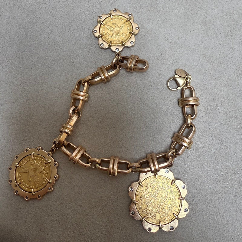 22k Gold Coin Charm Bracelet with 14k Rose Gold Mariner Chain