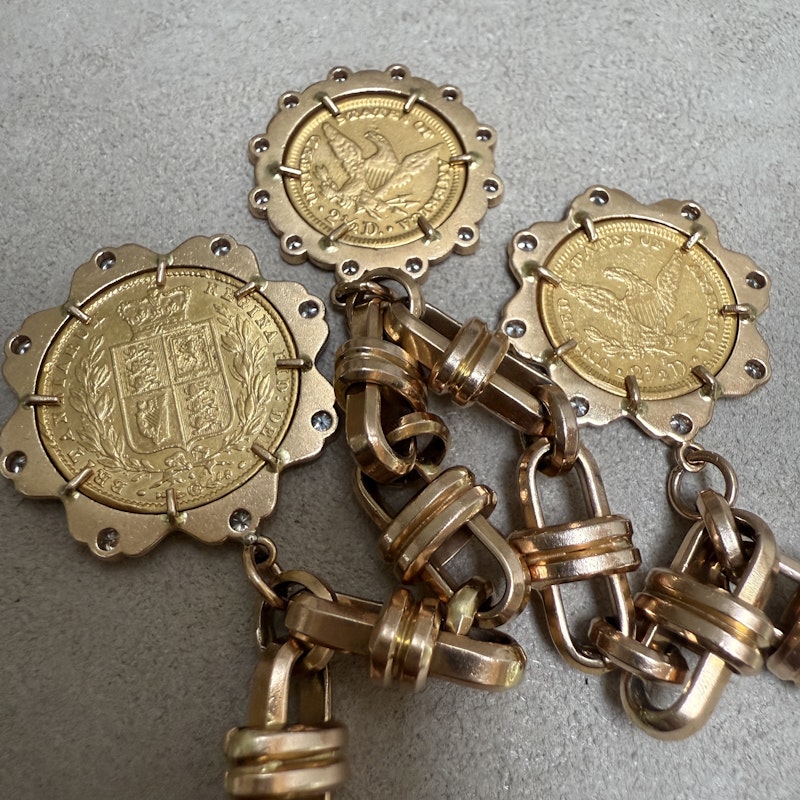 22k Gold Coin Charm Bracelet with 14k Rose Gold Mariner Chain