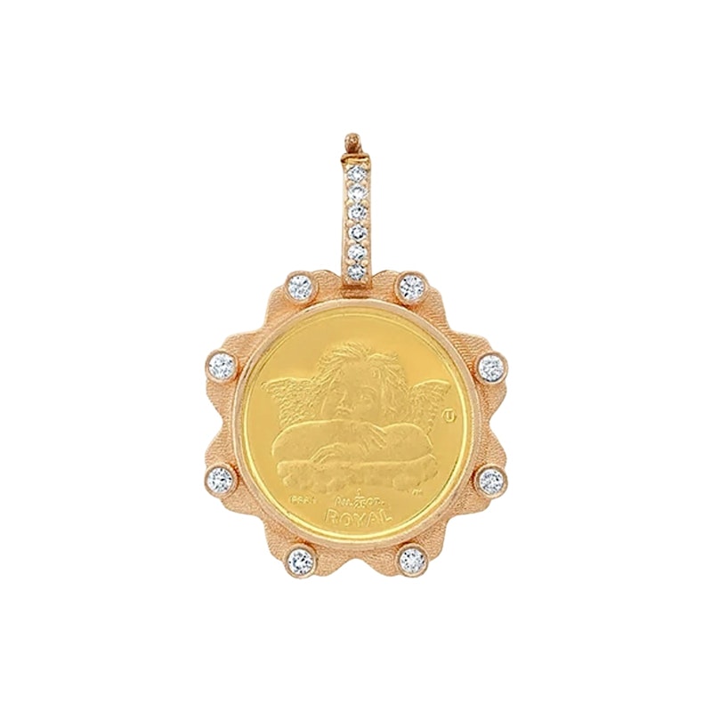 24k Gold Angel Coin Pendant with 18k Rose Gold Diamond Bezel