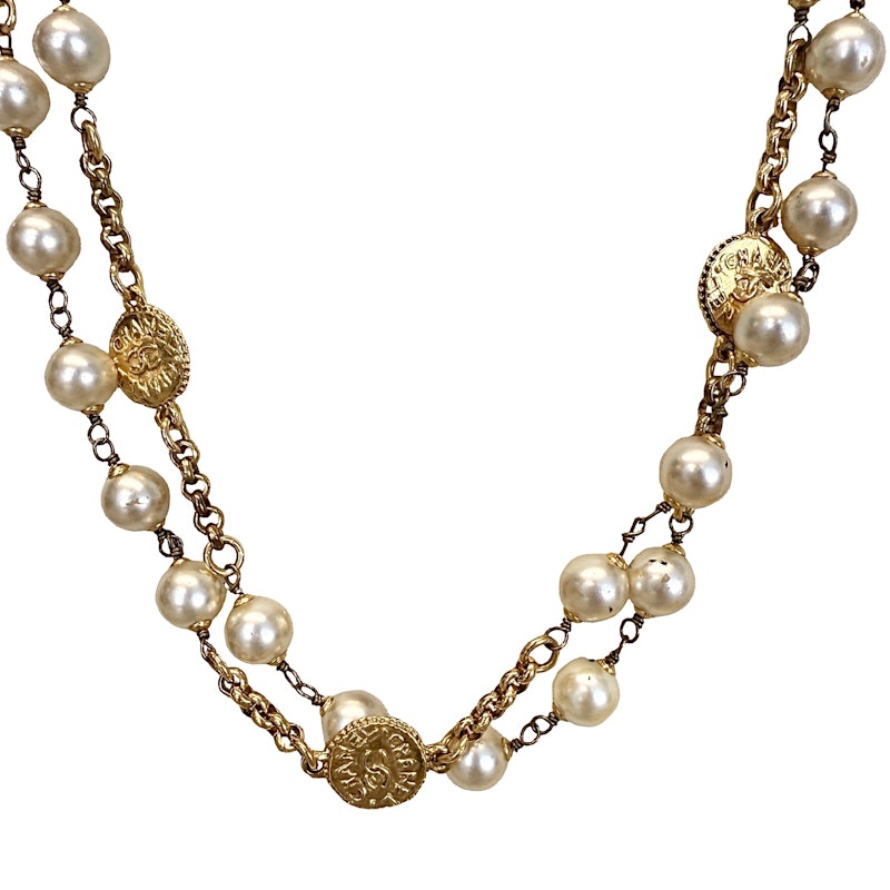 Vintage Chanel Pearl & Gold Coin Long Necklace