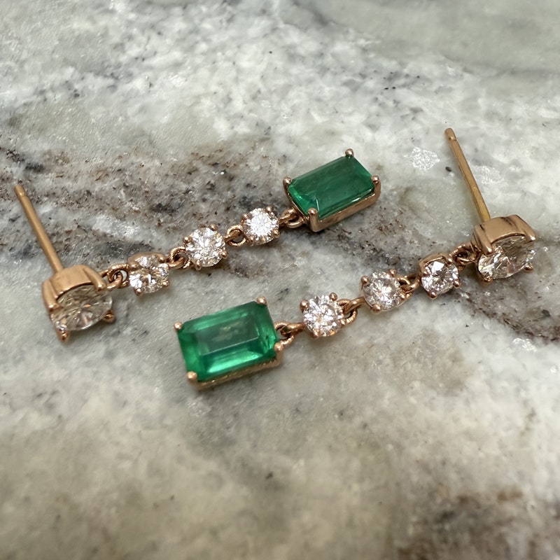 KayLee & Rose 14k Rose Gold Emerald & Diamond Drop Earrings