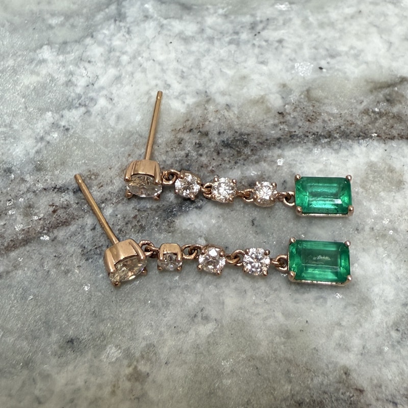KayLee & Rose 14k Rose Gold Emerald & Diamond Drop Earrings