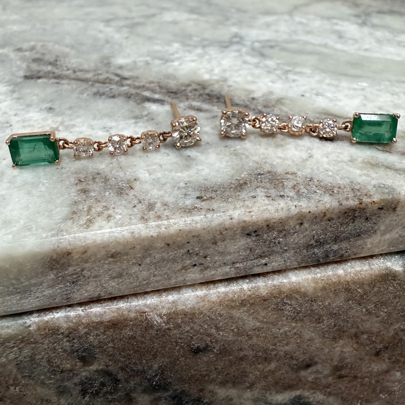 KayLee & Rose 14k Rose Gold Emerald & Diamond Drop Earrings