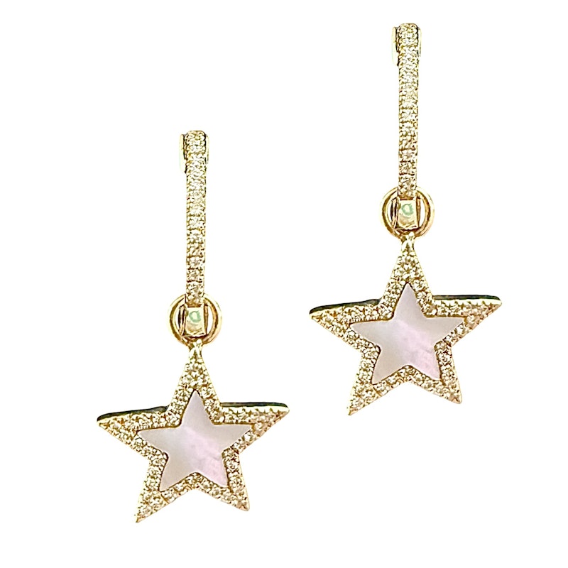 14k Yellow Gold Mother of Pearl & Diamond Star Huggie Earrings
