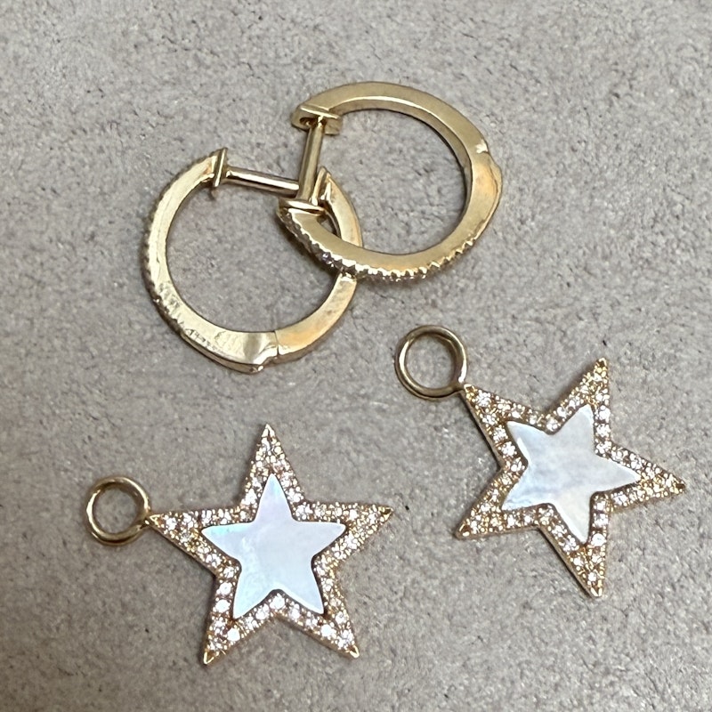 14k Yellow Gold Mother of Pearl & Diamond Star Huggie Earrings