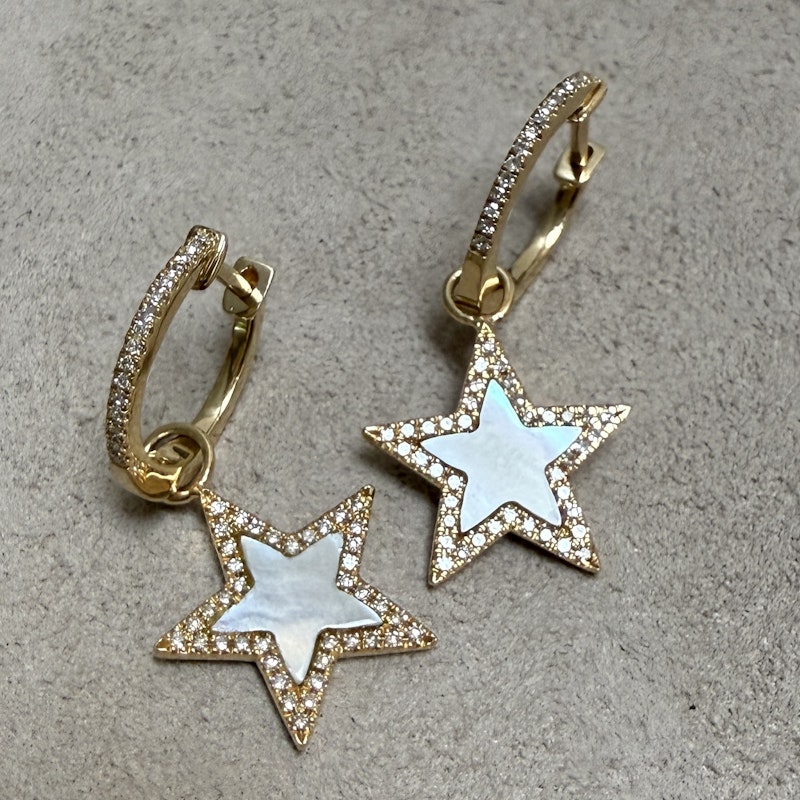 14k Yellow Gold Mother of Pearl & Diamond Star Huggie Earrings