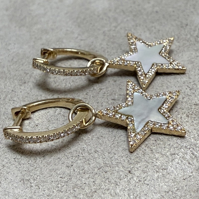 14k Yellow Gold Mother of Pearl & Diamond Star Huggie Earrings