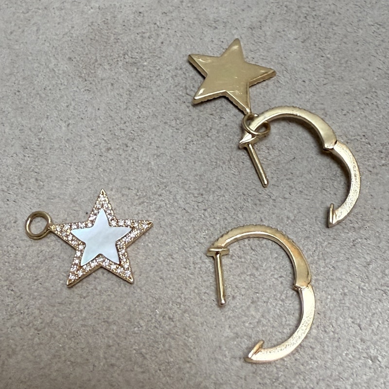 14k Yellow Gold Mother of Pearl & Diamond Star Huggie Earrings