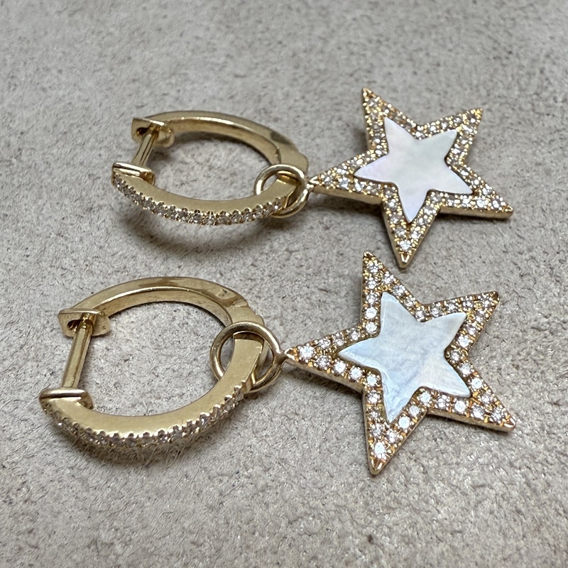 14k Yellow Gold Mother of Pearl & Diamond Star Huggie Earrings