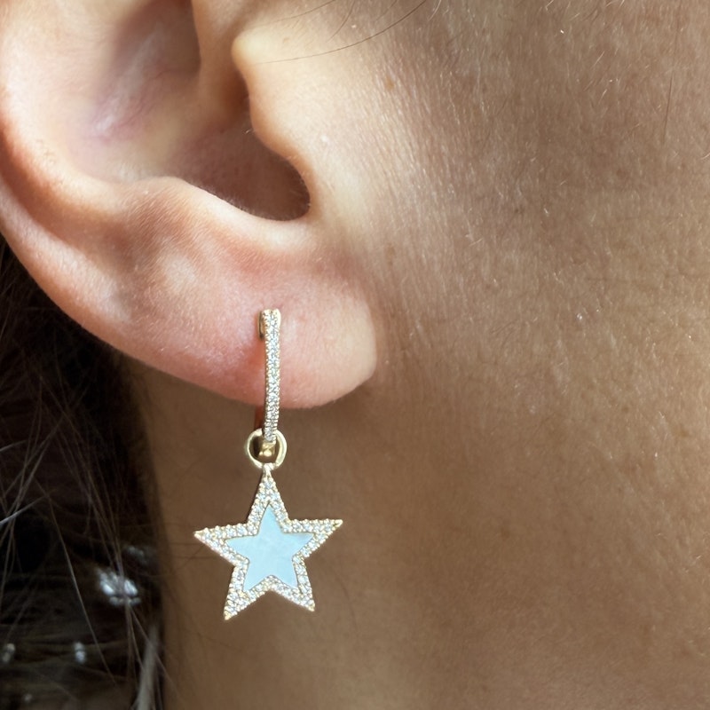 14k Yellow Gold Mother of Pearl & Diamond Star Huggie Earrings