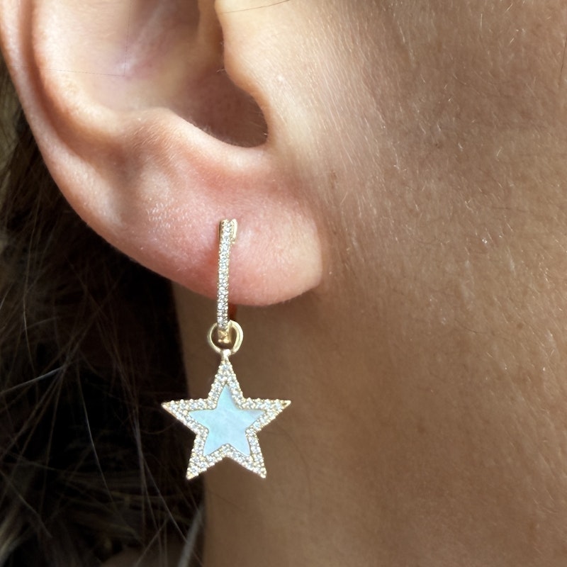 14k Yellow Gold Mother of Pearl & Diamond Star Huggie Earrings