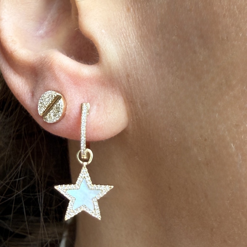 14k Yellow Gold Mother of Pearl & Diamond Star Huggie Earrings