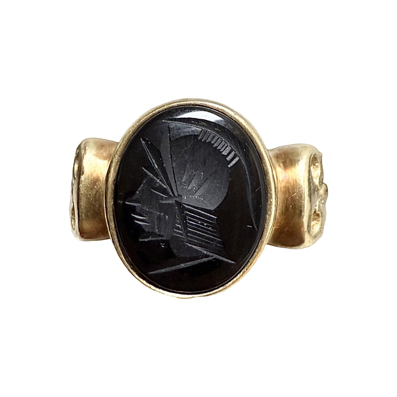 Vintage 14k Italian Yellow Gold & Onyx Intaglio Signet Ring