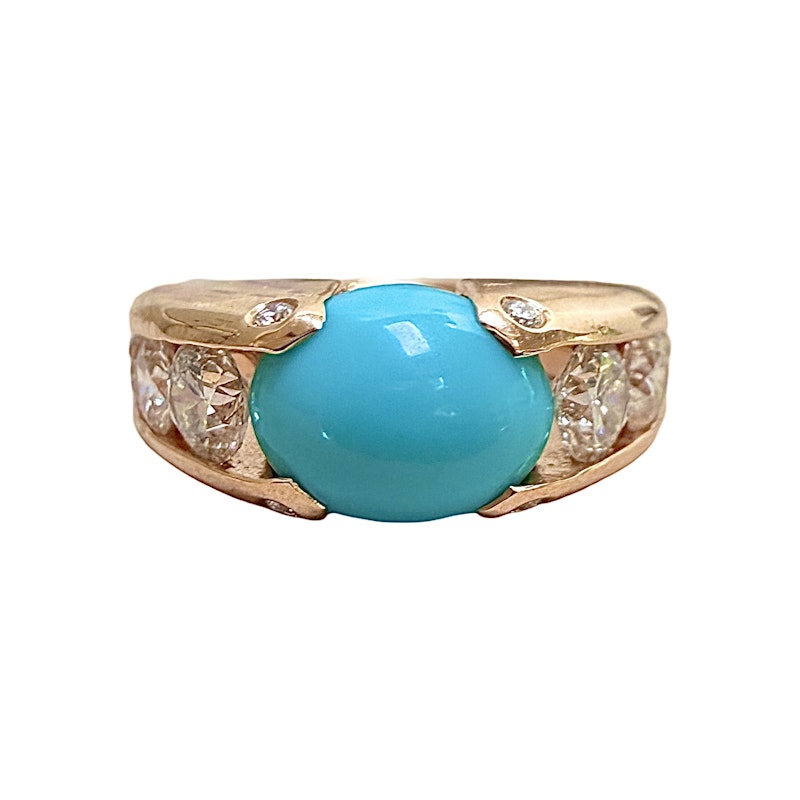 18k Rose Gold Cabochon Turquoise and Diamond Ring