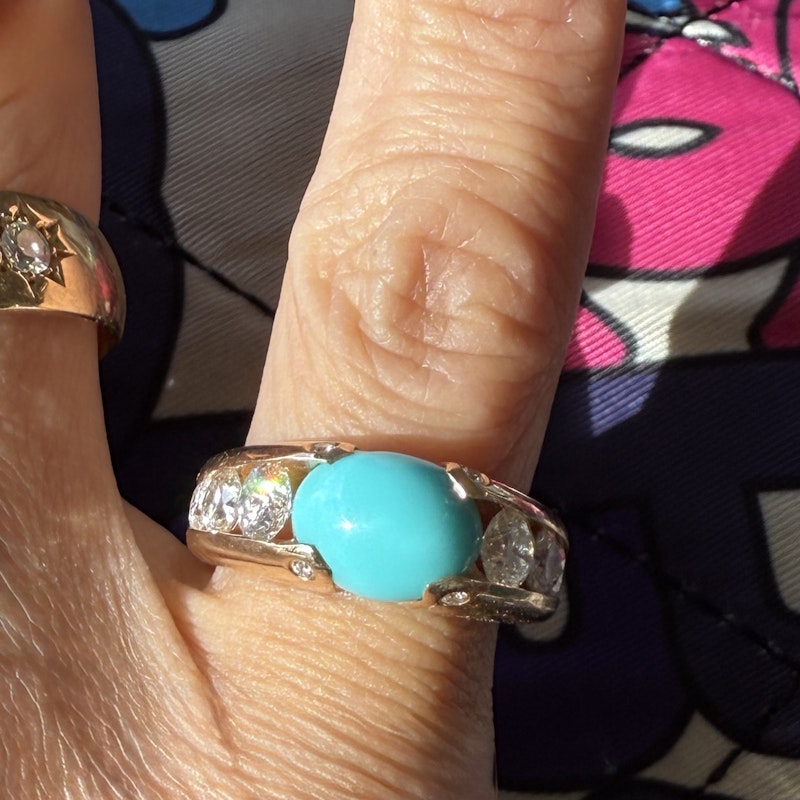 18k Rose Gold Cabochon Turquoise and Diamond Ring