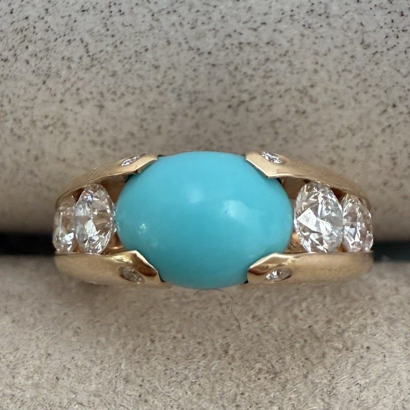 18k Rose Gold Cabochon Turquoise and Diamond Ring