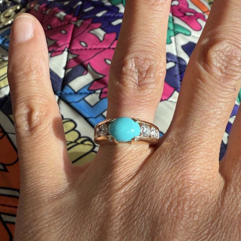 18k Rose Gold Cabochon Turquoise and Diamond Ring