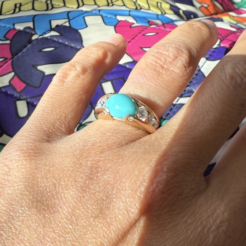 18k Rose Gold Cabochon Turquoise and Diamond Ring