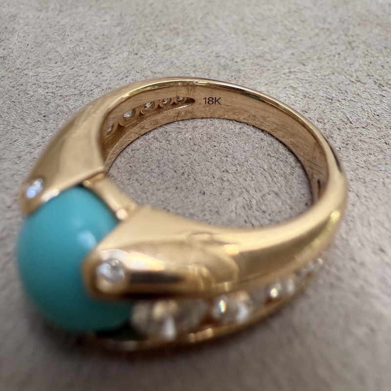 18k Rose Gold Cabochon Turquoise and Diamond Ring