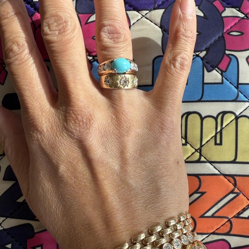 18k Rose Gold Cabochon Turquoise and Diamond Ring