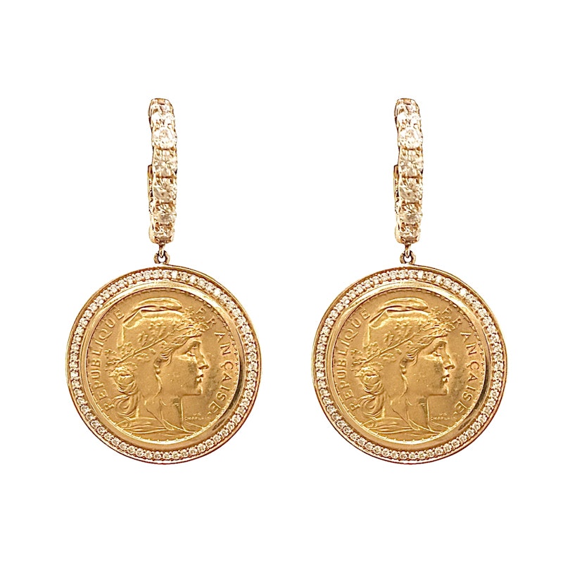 22k French Coin Earrings with 18k Rose Gold Diamond Halo