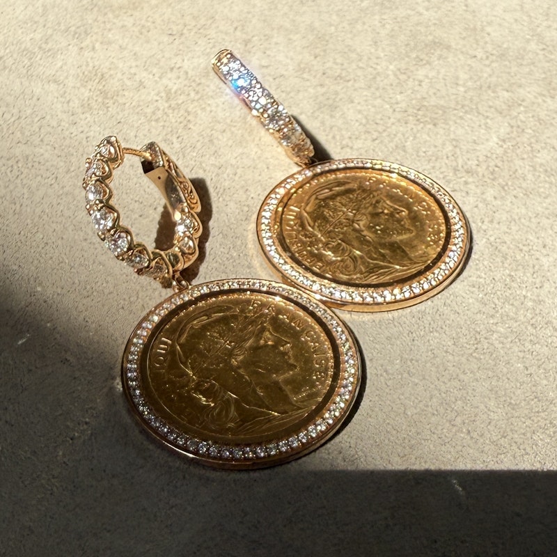 22k French Coin Earrings with 18k Rose Gold Diamond Halo