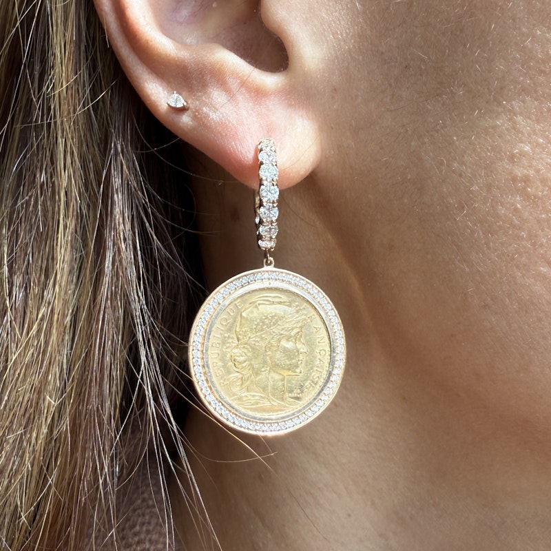 22k French Coin Earrings with 18k Rose Gold Diamond Halo